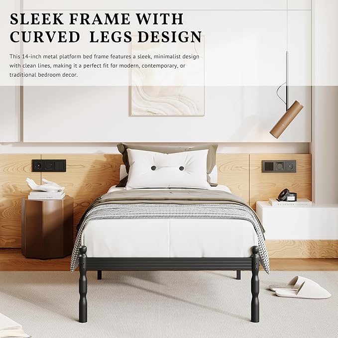 ZIYOO Twin XL Bed Frame - 14 Inch Heavy Duty Metal Platform, Mattress Slide Stopper, Squeak-Resistant, Easy Assembly, No Box Spring Required for Adults