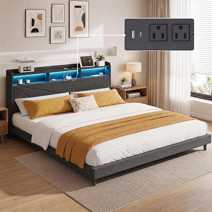 COLAMY King Size Bed Frame with Charging Station & LED Lights, Upholstered Headboard with 2-Tier Storage, Heavy Duty Metal Platform Bed with Wood Slats, No Box Spring, Noise-Free, Easy Assembly, Grey