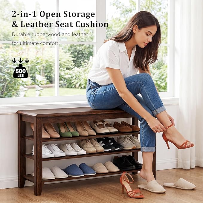 Taitiy Shoe Bench Storage Rubberwood, Entryway Bench with 3-Tiers Height Adjustable, Shoe Rack Front Door Entrance Organizer for Hallway Living Room, Mudrooms, Walnut,31.5"