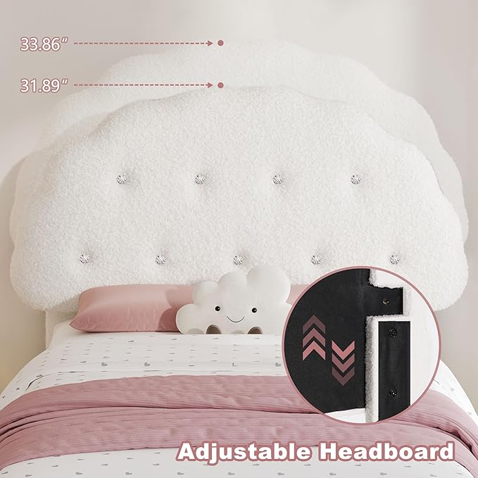 Cookie Full Upholstered Bed Frame with LED Lights, Floating Bed Frames with Adjustable Headboard and Raised Footboard for Princess/Prince Bedroom, Teddy Velvet（White）