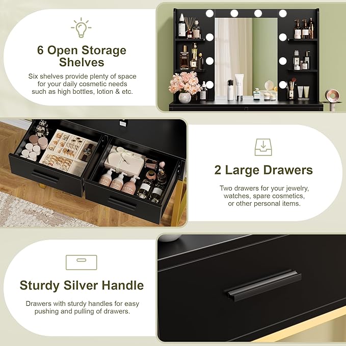 YESHOMY Vanity Desk with Mirror, Makeup Table with 2 Large Drawers, Power Outlet and Round Holder, 3 Color Modes Adjustable Bulb, Pure Black & Gold Frame