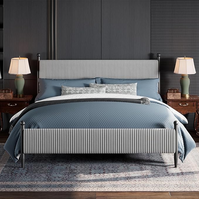 Garvee King Size Upholstered Bed Frame - with Velvet Headboard, Soft Corduroy Fabric Platform with Wooden Slats Support & Heavy Duty Feet, No Box Spring Needed, Noise Free, Easy Assembly, Grey