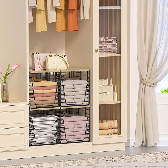 SWTYMIKI 2PCS Closet Organizers and Storage - Stackable Closet Basket with Wood Top Shelf, Clothes Storage Shelves, Clothes Drawer Bins for Wardrobe, Bedroom, Entryway, Black