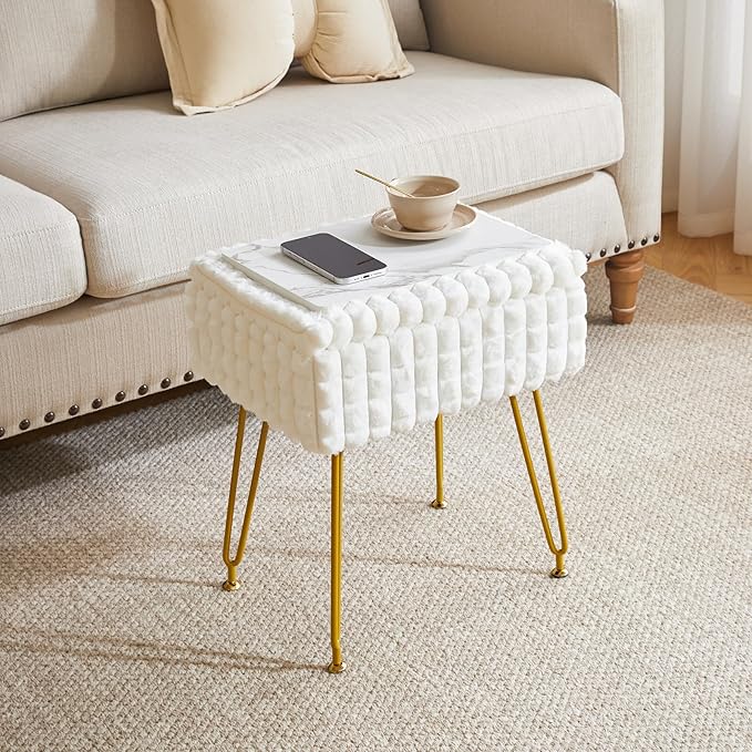 IBUYKE Rectangle Vanity Chair with Storage Space, Footrest Footstool Ottoman, Vanity Stool, Dressing Table Chair, with Anti-Slip Feet, for Makeup Room, Bedroom, Square Grid Pattern, White WBD004W