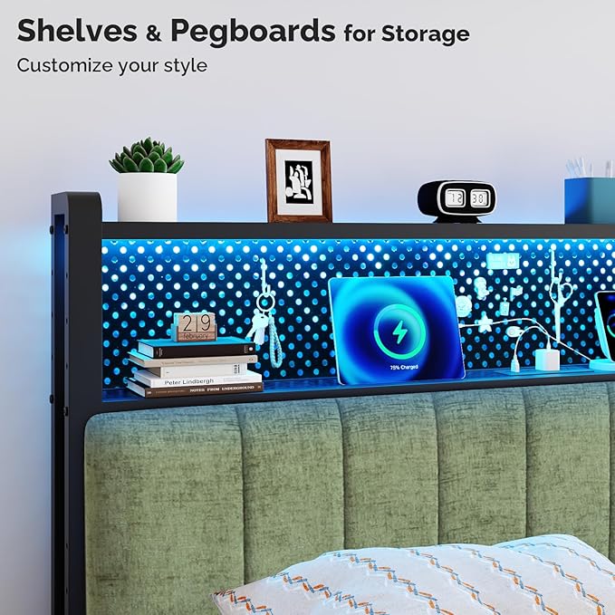 VINGLI Chenille Green Upholstered Bookcase Headboard Only Full Size Height Adjustable Headboard with 2 Tier Shelves, LED Lights and Charging Station for Bed, Bedside Storage
