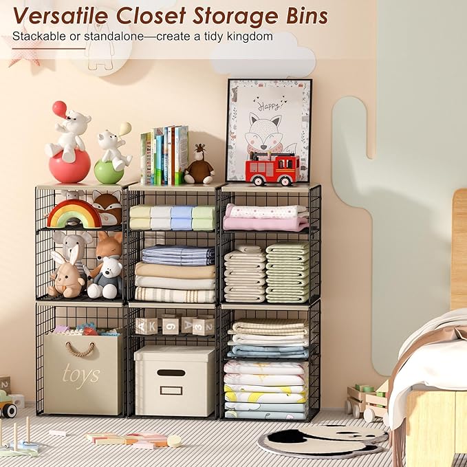 4-Tier Stackable Closet Organizers and Storage, Adjustable Dividers & Wood Top Storage Shelves for Clothes, Wardrobe & Closet Storage Basket Bins/Cube, Space-Saving Closet Organizer System, Black