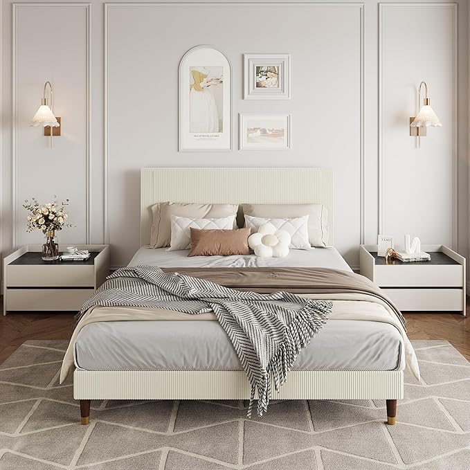 GarveeHome Queen Size Bed Frame with Upholstered Headboard and Strong Wooden Slats Support, Soft Corduroy Fabric Platform Bed, No Boxing Spring Needed, Easy Assembly, Beige