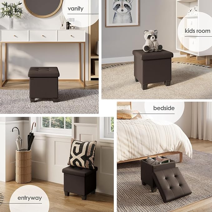 Storage Ottoman Cube with Small Bin, 15-in Square Ottoman with Storage for Living Room and Bedroom, Small Ottomans Foot Rest, Faux Leather Foot Stools Ottomans Max 330lbs, Brown