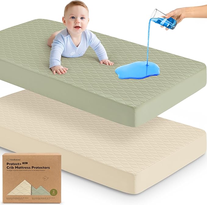 2-Pack Waterproof Crib Mattress Protector Cover Fitted - Quiet Baby Crib Mattress Pad Sheets, 52" x 28" Soft Quilted Cotton Baby Sheet, Machine Washable, Easy Fit, Durable (Avocado/Mavy)