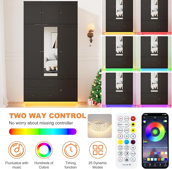 92.2" Tall Armoire Wardrobe Closet with Mirror & Motion Sensor Light, Large Storage Cabinet with 2 Drawers, Hanging Rod & Adjustable LED Strip, Anti-Tipping Wood Bedroom Furniture, 47.4"L, Balck