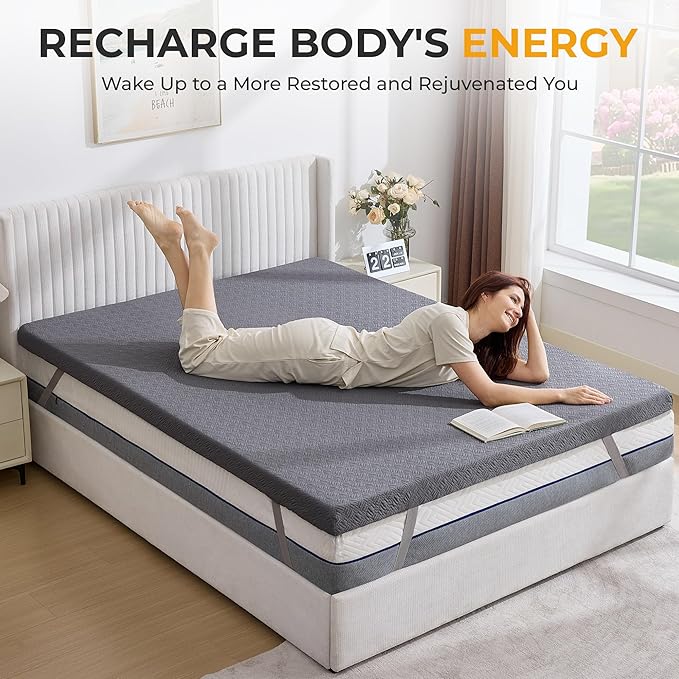 BDEUS 3 Inch Mattress Topper Queen Size, Soft Memory Foam for Back Pain Relief, Breathable Bed Topper with Dark Grey Cover, CertiPUR-US Certified