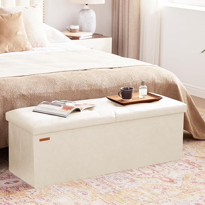 HAUSFRAU Storage Ottoman Bench with Flipping Lid, 43.3 Inches Storage Chest Footsrest, Folding Foot Stool for Entryway, Living Room, Bedroom, Synthetic Leather Ivory