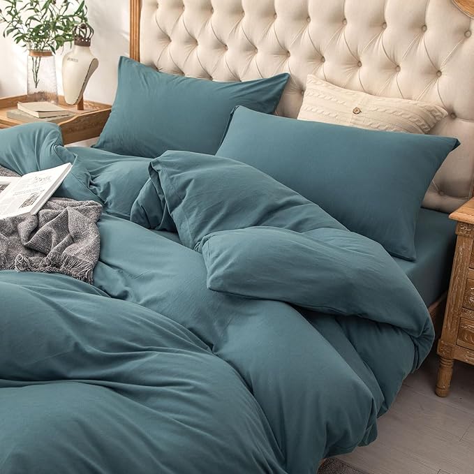 PURE ERA Jersey Knit Duvet Cover Set 100% T-Shirt Cotton Super Soft Comfy 3pc Bedding Set with Zipper Closure (Solid Cerulean Blue, King)