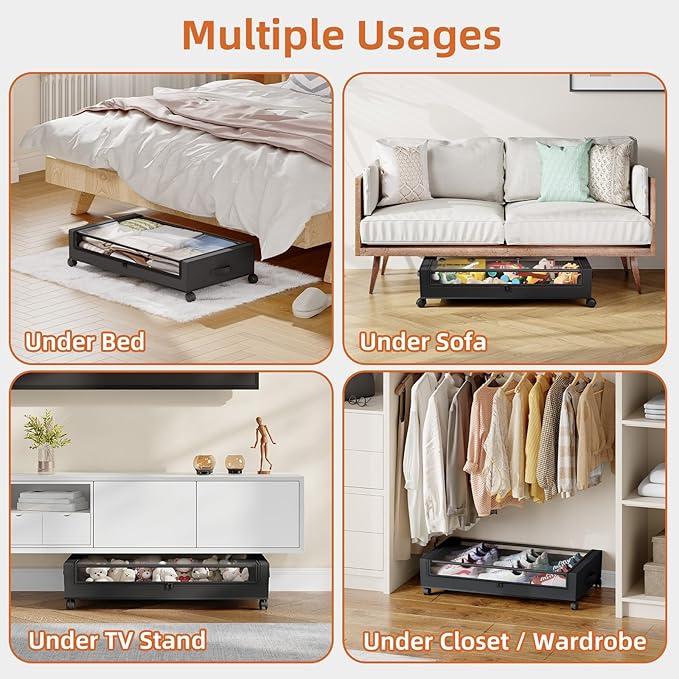 Somdot Under Bed Storage with Wheels, 4 Pack Bed Storage Containers with Dividers & Clear Lids, Easy Pull-out Metal Drawer for Clothes, Shoes,Toys, Blankets (Black)