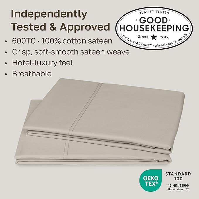 California Design Den Premium King Size Pillowcases Set of 2-600 Thread Count Sateen, Natural 100% Cotton Pillowcases King, Crisp, Durable Bedding - Soft Linen