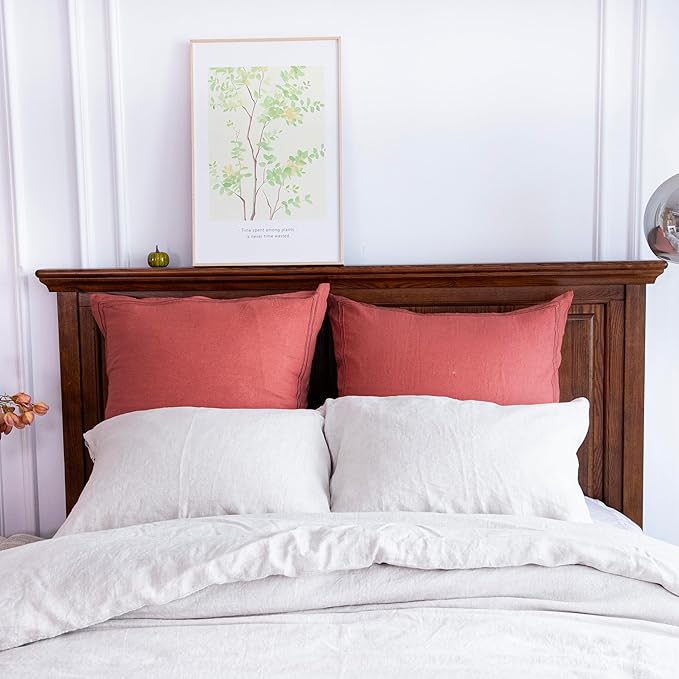 Simple&Opulence 100% French Linen Euro Shams with Embroidery (26'' x 26'') - Pack of 2 - Pre Washed Solid Color Natural Flax Soft Breathable - Coral Red