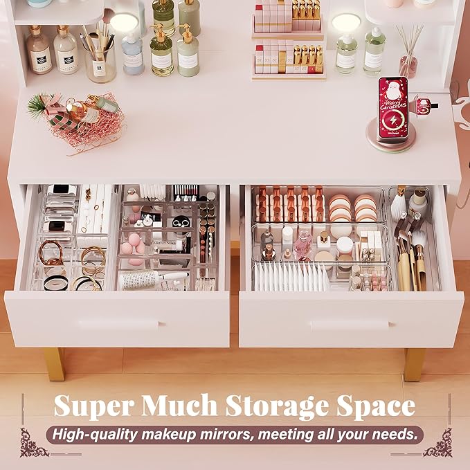 Furmax Vanity Desk with Mirror and LED Light Bulb, Small Makeup Vanity Table with Drawers, Dressing Table with Power Outlet and Hair Drayer Holder for Bedroom (White & Gold)