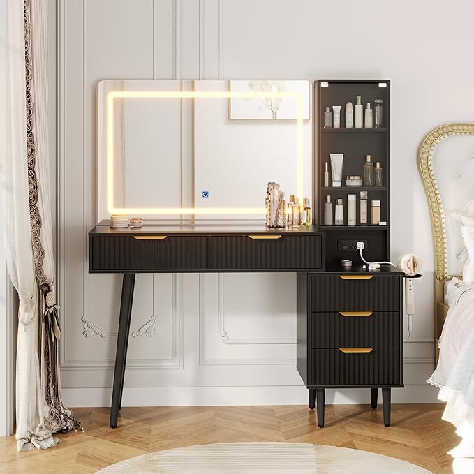 Garvee 48" Fluted Makeup Vanity Desk with Mirror and Lights, Glass Top Vanity Table with 5 Drawers, Open Shelf and Power Outlet, Modern Dressing Table for Bedroom and Living Room