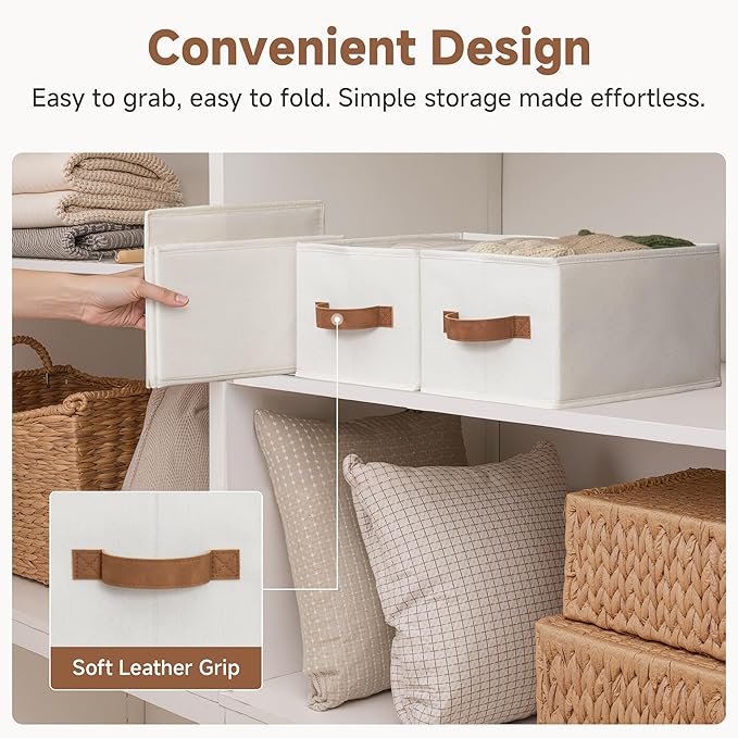 StorageWorks Closet Organizer Storage Baskets, Storage Bins for Shelves, Fabric Organization and Storage, Foldable Closet Organizer for Clothes, Ivory White, 3-Pack, Small