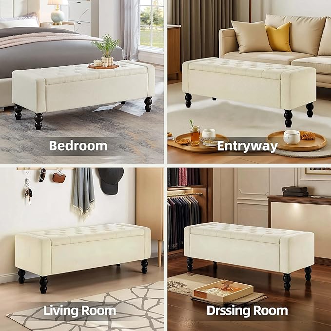 50" W Storage Ottoman Bench with Safety Hinge, Load up to 660 lb Ottoman with Storage, Upholstered Tufted Entryway Bench with Seating for Living Room, Bedroom, (Beige)