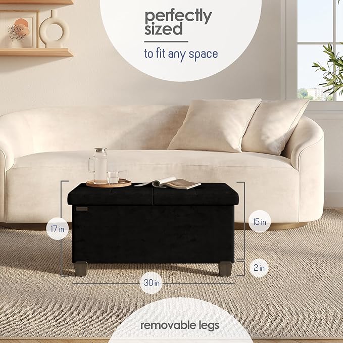 Storage Ottoman Bench with Bins, 30-in Storage Bench for Bedroom End of Bed, Folding Foot Rest Ottoman for Living Room Max 660lbs, Velvet Ottomans, Black