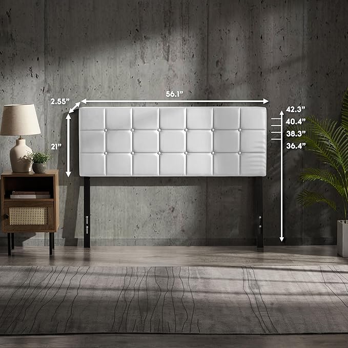 Hearth & Harbor Modern Full-Size Button Tufted Upholstered Headboard - White, Adjustable Height 34'-42', Bed Frame Mount