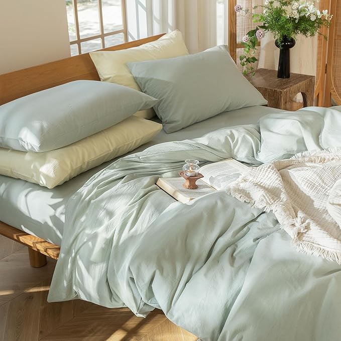 MooMee Bedding Duvet Cover Set 100% Washed Cotton Linen Like Textured Breathable Durable Soft Comfy (Heathered Sage Green, Super King 108"x98")