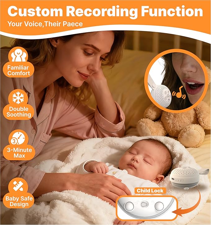 White Noise Machine with 16 Soothing Sounds and Voice Recording， Portable Sleep Sound Therapy with 3 Night Lights， Rechargeable Timer for Baby Adults Travel