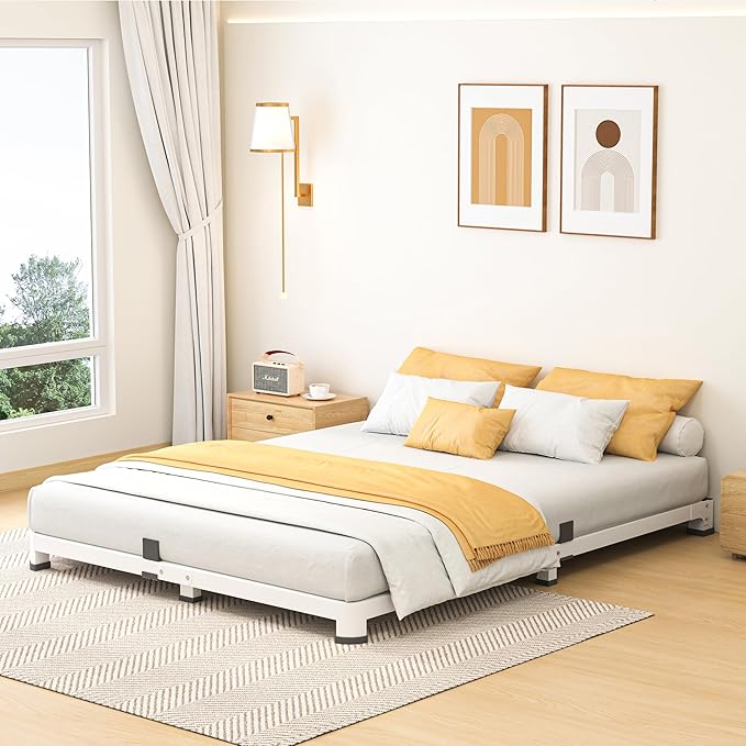 4 Inch Queen Bed Frame, Metal Platform Bed Frame with Round Corner Legs, 3500 lbs Heavy Duty Steel Slats Support, No Box Spring Needed, Noise Free, Easy Assembly, White