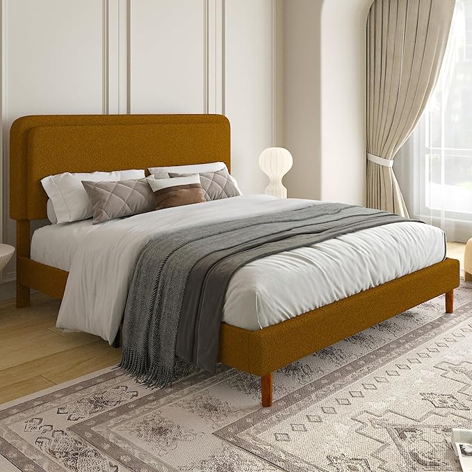 King Size Boucle Platform Bed Frame with Adjustable Headboard, Upholstered Cloud Bed, Solid Wooden Legs, No Box Spring Needed, Easy Assembly, Brown