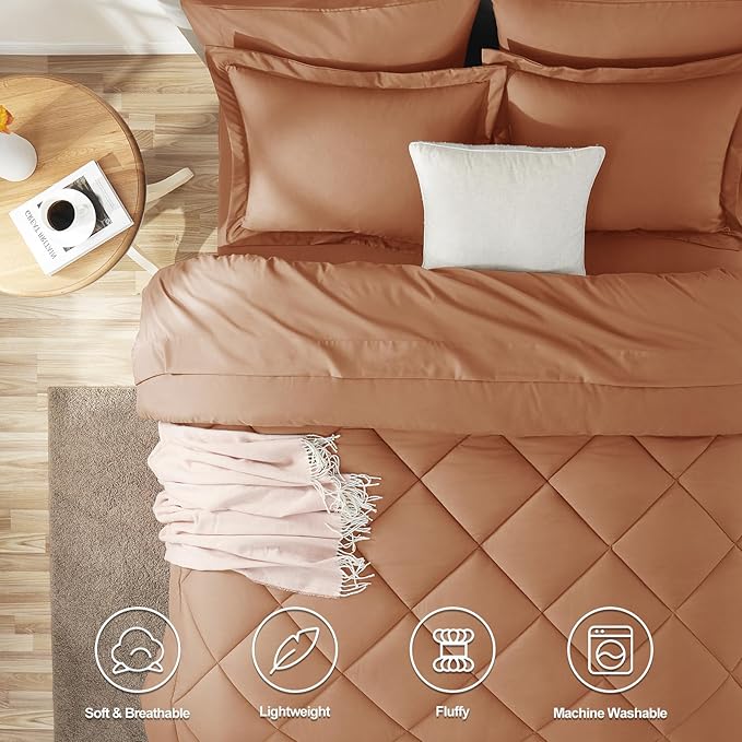CozyLux Queen Comforter Set Pumpkin - Bed in a Bag Queen Size 7 Pieces, Luxury Soft Bed Set for All Seasons, Bedding Set with Down Alternative Comforter, Sheets, Pillowcases & Shams