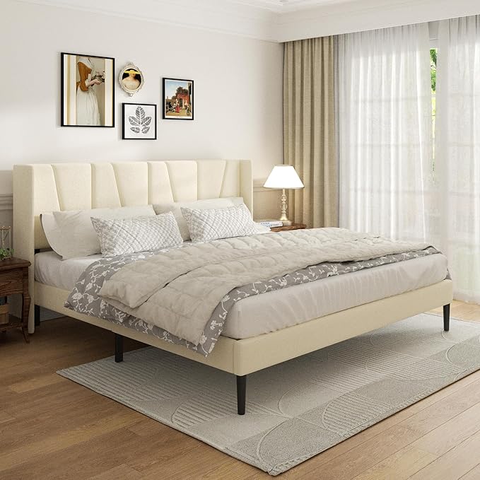 Sismplly King Bed Frame with Headboard, Velvet Upholstered King Size Platform Bed with Wingback, Mattress Foundation with Wooden Slat Support, No Box Spring Needed, Easy Assembly, Noise Free, Beige