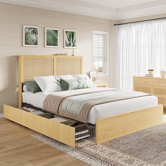 GAOMON Queen Size Rattan Bed Frame with 4 Storage Drawer, Boho Style Rattan Bed with LED Light & Natural Headboard, Sturdy Wooden Slats Support, No Box Spring Needed