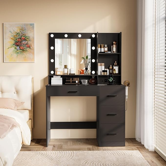 Furmax Vanity Desk with LED Lighted Mirror&Power Outlet, 39.3’’ Makeup Vanity Table with 4 Drawers and 3 Storage Shelves, Adjustable 3 Lighting Colorfor Bedroom&Dressing Room (Black)