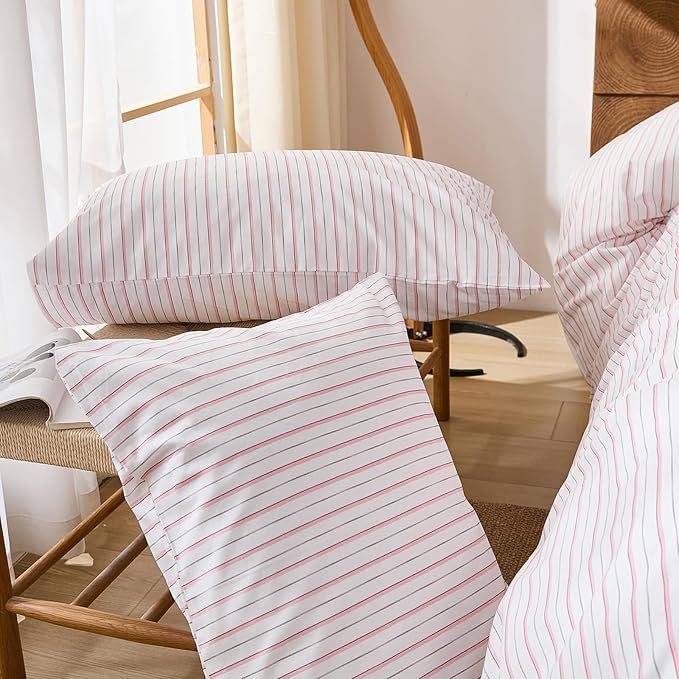 Merryword King Size Pillowcases, 100% Cotton Pillow Cases, White & Pink Striped Pillowcases, Soft Breathable Ticker Stripe Pillow Covers, Set of 2