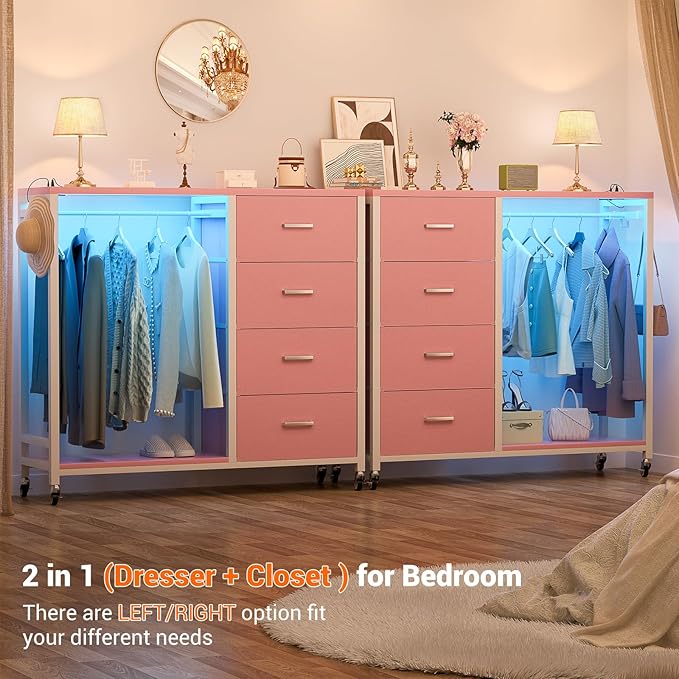 Cyclysio Dresser with Hanging Rack, 4 Fabric Drawers Dresser with Clothes Rack, Wooden Top Storage Chest of Drawers with Charging Station & LED Lights, Lockable Wheels, Closet