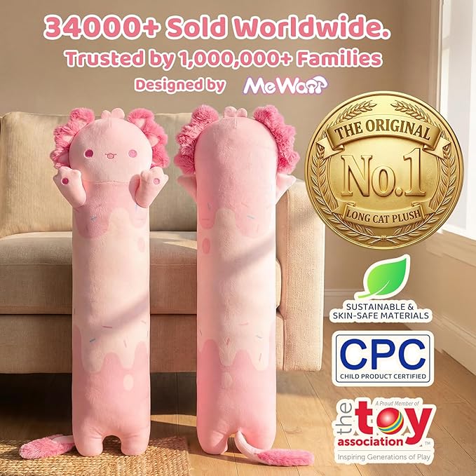 Mewaii Long Axolotl Plush 5 Sizes, 120% Extra Filling Giant Plushness Kids Body Pillow, Kawaii Cute Pink Axolotl Stuffed Animals Plushies, Big Long Body Pillow Cat Plush Gift for Girls 20”
