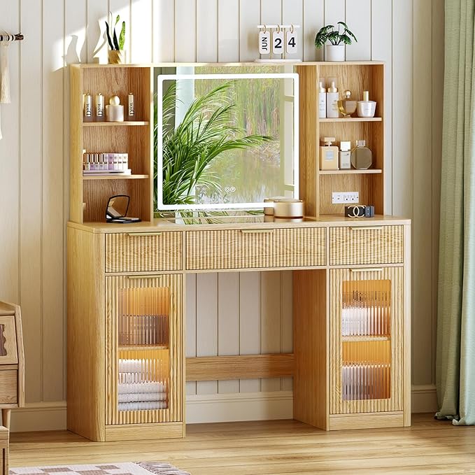 51" Large Vanity,Modern Fluted Makeup Vanity Desk with Mirror and Lights, Glass Top Vanity with 3 Drawers and 2 Cabinets&Charging Station,Dressing Table for Women and Girls’ bedrooms. Oak