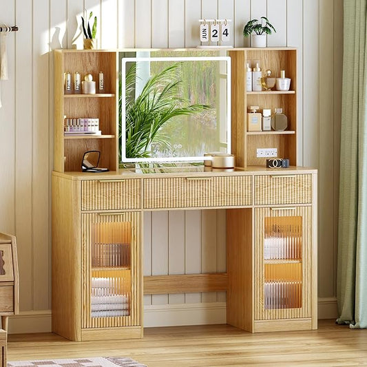 51" Large Vanity,Modern Fluted Makeup Vanity Desk with Mirror and Lights, Glass Top Vanity with 3 Drawers and 2 Cabinets&Charging Station,Dressing Table for Women and Girls’ bedrooms. Oak