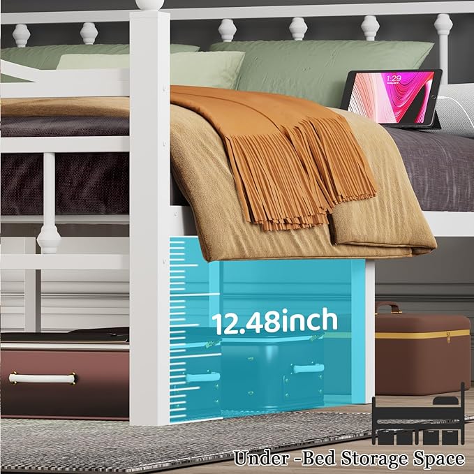 Jenmit Queen Size Bed Frames with Headboard, LED Bed Frame with Charging Station, Metal Platform, Under-Bed Storage, No Box Spring Needed, Noise Free, Easy Assembly, White