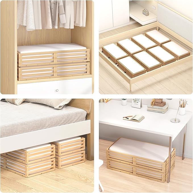 Wisuce Bamboo Under Bed Storage Containers- Underbed Organizer with Wheels with Dust Bag,Sturdy Wood Rolling Under the Bed Shoe Storage Organizer Drawers (Nature, 2 Pack (33.07"×16.54"))