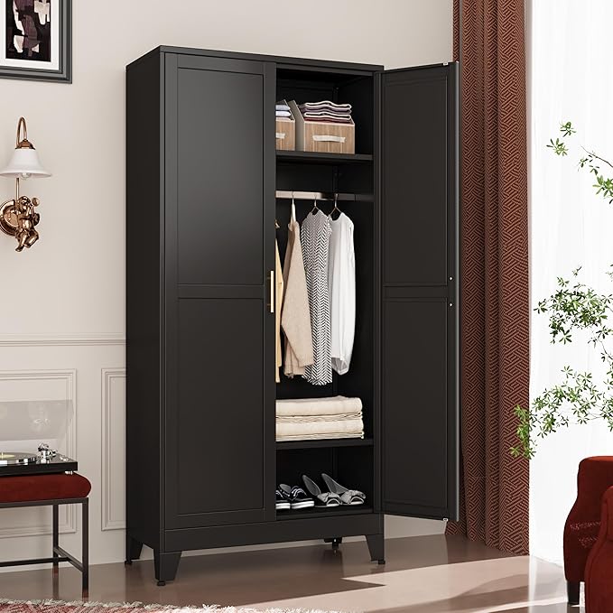 GAIOUS Metal Wardrobe Cabinet with Hanging Rod, 71" Metal Clothing Storage Cabinets with 2 Doors and Adjustable Shelves, Black Armoire Wardrobe Closet for Bedroom, Laundry Room, Cloak Room