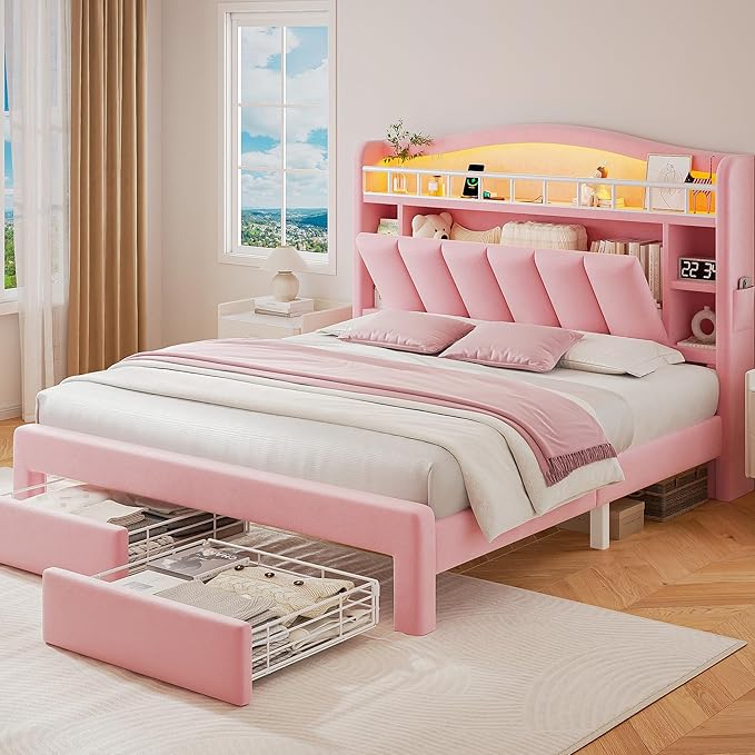 Queen LED Bed Frame with Storage Headboard & 2 Storage Drawers, Princess Velvet Upholstered Bed with Vertical Tufted Headboard Design for Girls, USB & Type-C Charging Ports, Wooden Slats Support, Pink
