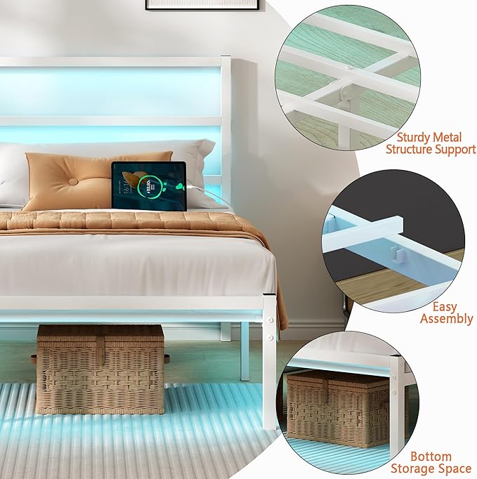CLIBFENG Full Size Bed Frame with Headboard,Heavy Duty Steel Slats Support-LED Bed Frame with USB Charging Station,Mattress Foundation-Under Bed Storage,No Box Spring Needed,Noise Free,White