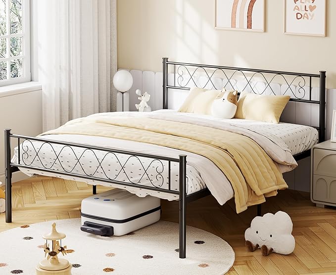 GarveeHome Full Size Metal Bed Frame with Headboard & Footboard 13.7 Inch Metal Platform Mattress Foundation Support with Strong Metal Slats, Under Bed Storage, No Box Spring Needed