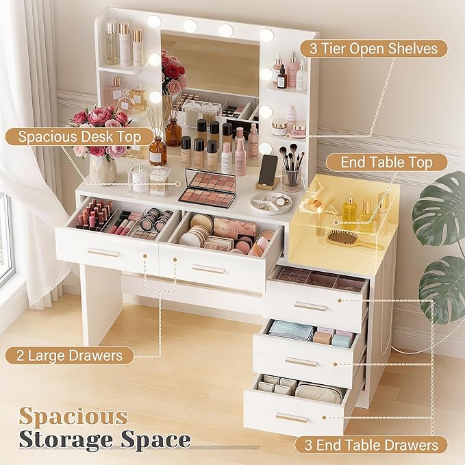 YESHOMY Makeup Vanity Desk with Mirror & Lights, Vanity Table with 5 Drawer, 6 Shelves, Charging Station for Bedroom, Dressing Room, Milk White