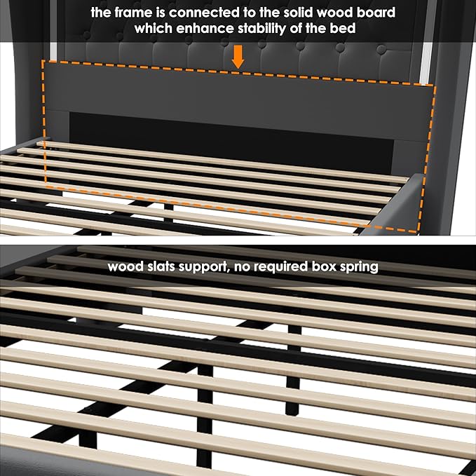 Queen Bed Frame 55" Tall Headboard with LED Lights, Buttons Tufted Velvet Upholstered Platform Bed Frame with 2 Storage Drawers, Wood Slats Support Mattress Foundation, No Box Spring Needed, Grey