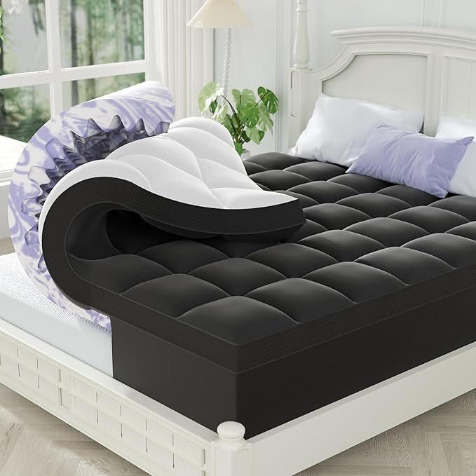 ChiXpace Dual Layer 5 Inch Memory Foam Mattress Topper Full - 3 Inch Pillow Top Mattress Pad and 2 Inch Gel Memory Foam, 7-Zone Egg Crate Full Size Mattress Topper (Black)