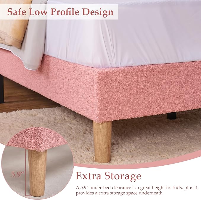 VECELO Twin Size Bed Frame, Upholstered Platform Bedframe with Height Adjustable Plush Fabric Headboard, Strong Wood Slat Supports, No Box Spring Needed, Pink