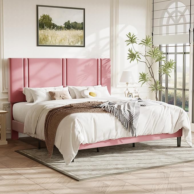 Allewie King Size Platform Bed Frame with Adjustable Headboard, Plush Velvet Upholstered, Vertical Channel Tufted, Sturdy Wooden Slats, No Box Spring Needed, Easy Assembly, Pink